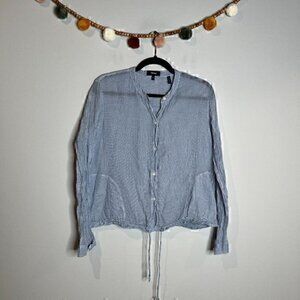 Theory blue and white gingham button down tie blouse